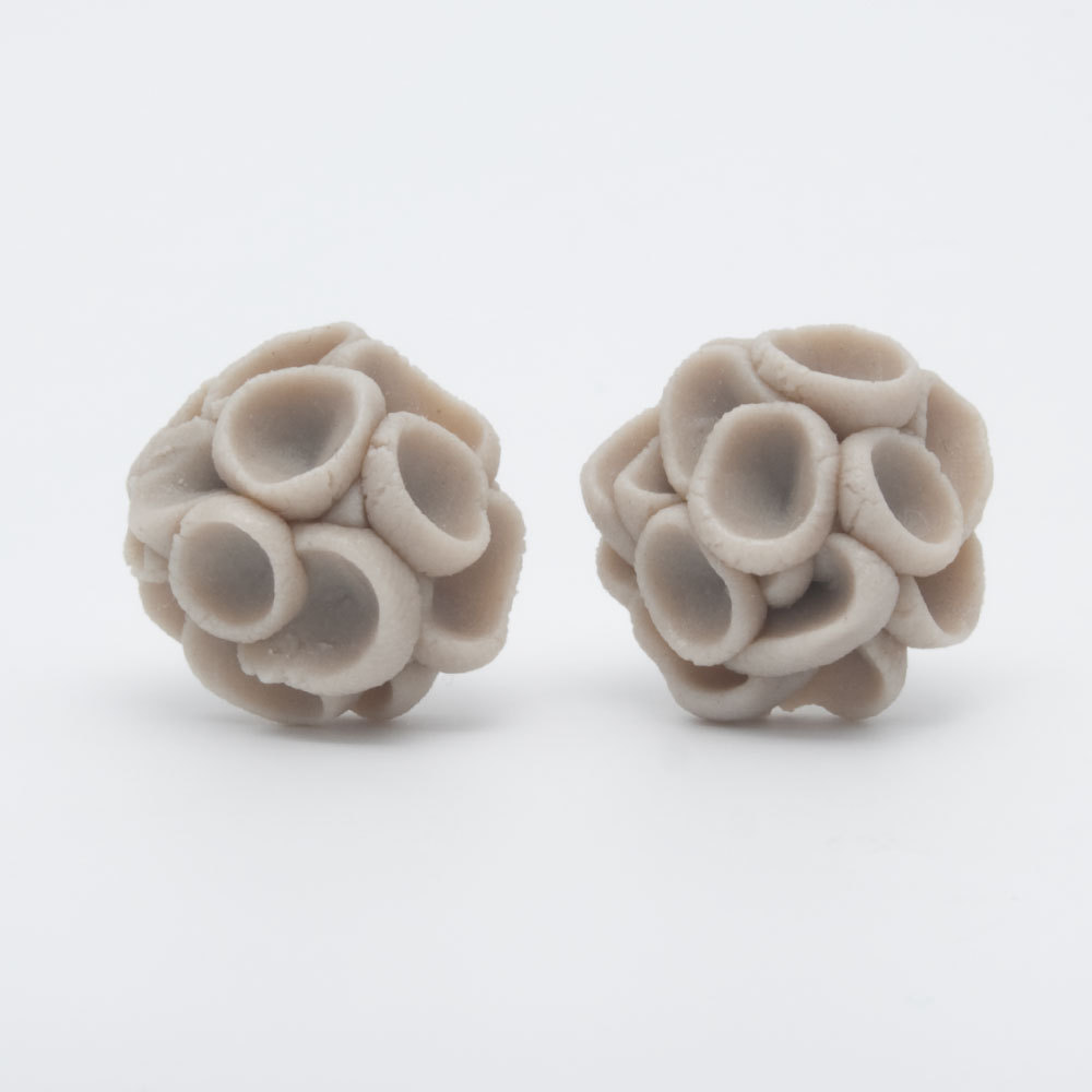 Earrings Studs , Khao-lak Post Earrings With Porcelain Flowers, Mocha Color